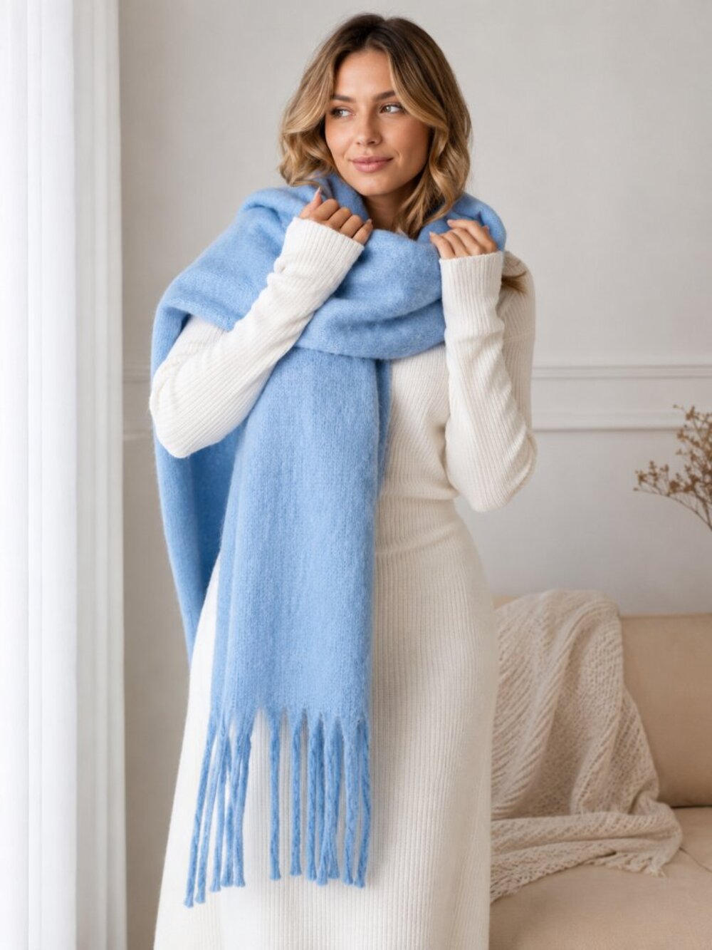 Soft Blue Oversized Winter Scarf Cozy Fringe Blanket Scarf Warm Knit Shawl Wrap